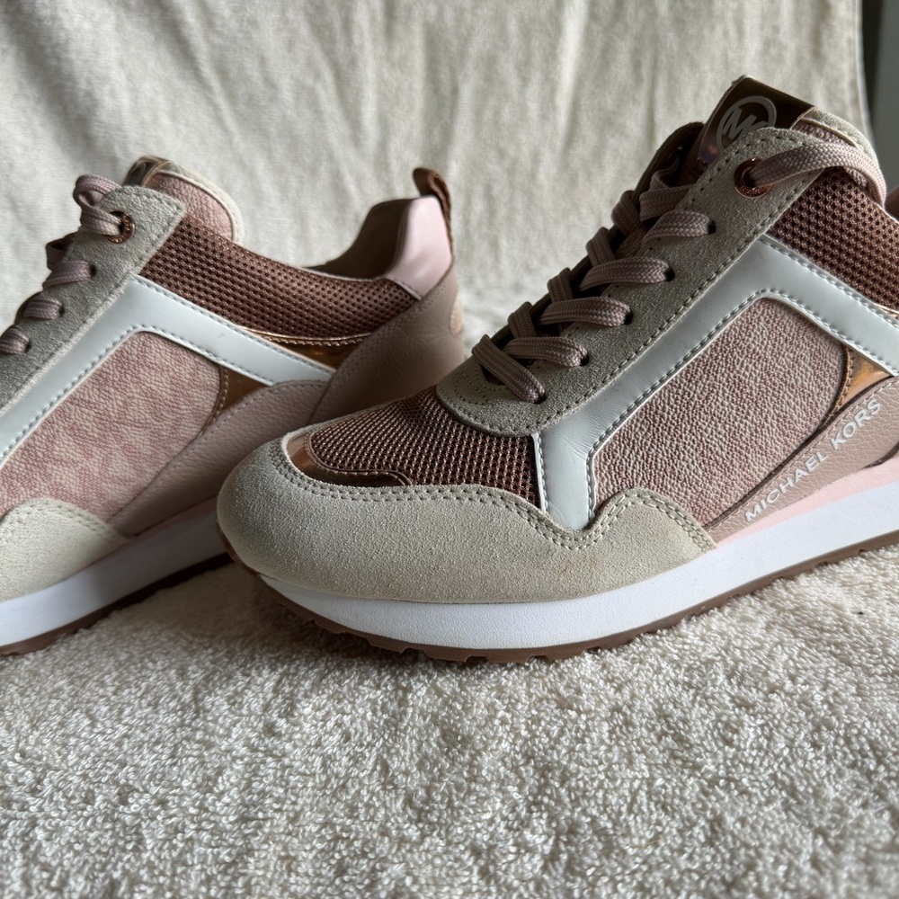 Michael Kors Pink & Beige Suede Mesh Low-Top Sneakers - Picture 2 of 6